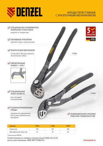 Клещи переставные, кнопочный механизм, обливные рукоятки, 250 мм Denzel по ценам производителя в Москве с доставкой по всей России