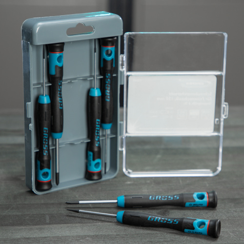 Набор отверток для точной механики, CrMo, двухкомпонентные рукоятки, 6 шт, пластиковый бокс Gross по ценам производителя в Москве с доставкой по всей России