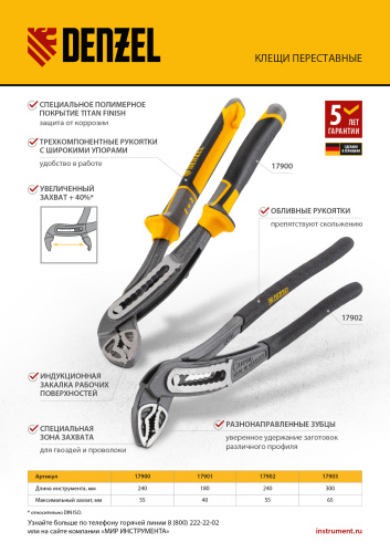 Клещи переставные, трехкомпонентные рукоятки 240 мм Denzel по ценам производителя в Москве с доставкой по всей России