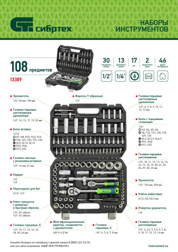 Набор инструментов, 1/2", 1/4", 108 предметов// Сибртех по ценам производителя в Москве с доставкой по всей России