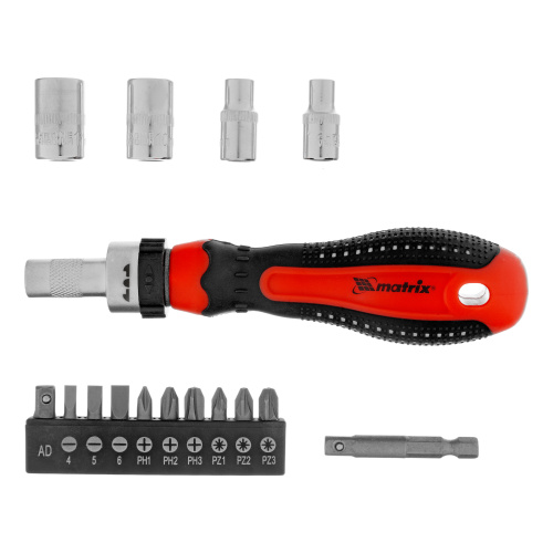 Отвертка реверсивная с набором бит и насадок торцевых, CrV, 1/4, 16 шт Matrix по ценам производителя в Москве с доставкой по всей России
