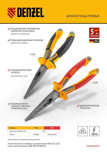 Длинногубцы прямые 205 мм, трехкомпонентные рукоятки Denzel по ценам производителя в Москве с доставкой по всей России