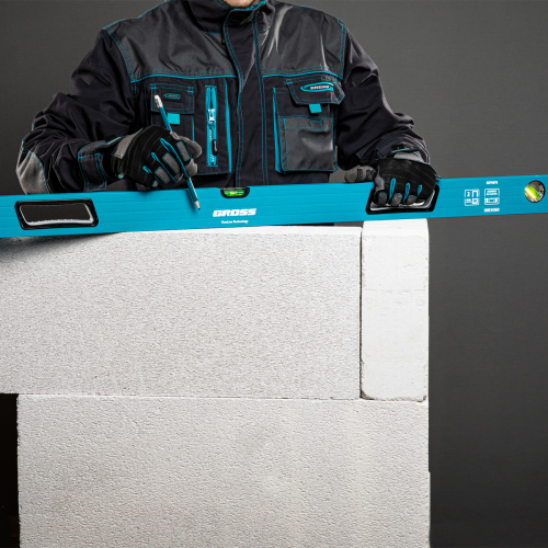 Уровень алюминиевый, 1500 мм, усиленный с ударопрочными заглушками, рукоятки, 3 глазка Gross по ценам производителя в Москве с доставкой по всей России