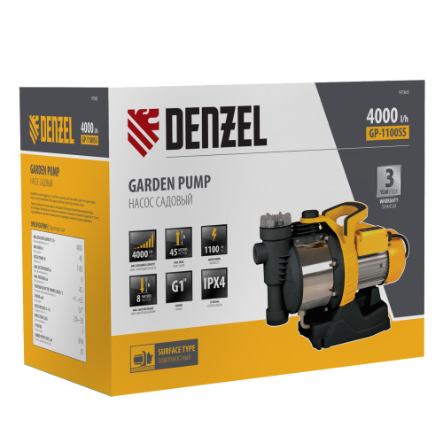 Садовый поверхностный насос GP1100SS, 1100 Вт, 4000 л/ч, подъем 45 м, пластик Denzel по ценам производителя в Москве с доставкой по всей России