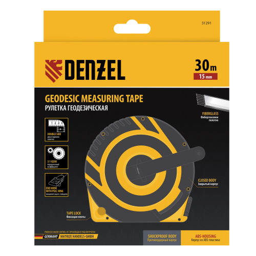 Рулетка геодезическая 30 м х 15 мм, закрытый корпус, фиберглассовая лента Denzel по ценам производителя в Москве с доставкой по всей России