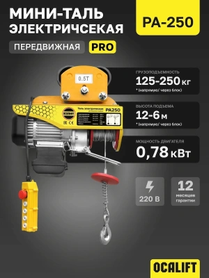 Мини таль передвижная OCALIFT PRO PA-250 125/250кг 12м 220в 0,78 кВт по ценам производителя в Москве с доставкой по всей России
