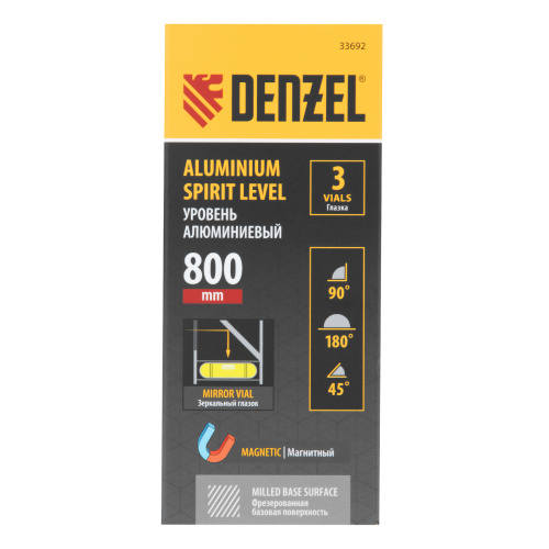 Уровень алюминиевый, магнит, фрезерованный, 3 глазка (1 зеркал.) 0,5 мм/м, 800 мм Denzel по ценам производителя в Москве с доставкой по всей России