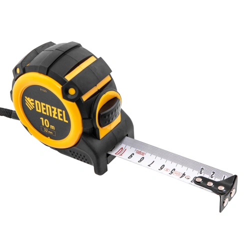 Рулетка 10м х 32мм, автоматич. фиксац., нейлон. покрытие, магнит. зацеп, двухстор. разметка Denzel по ценам производителя в Москве с доставкой по всей России