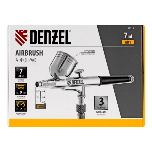 Аэрограф с верхним бачком AB1, 0.2/0.3/0.5 мм, 7 мл, 9 л/мин Denzel по ценам производителя в Москве с доставкой по всей России