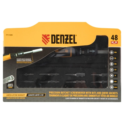 Отвертка с набором бит и торцевых головок для точных работ, гибкий привод, 48 шт, CrMo Denzel по ценам производителя в Москве с доставкой по всей России