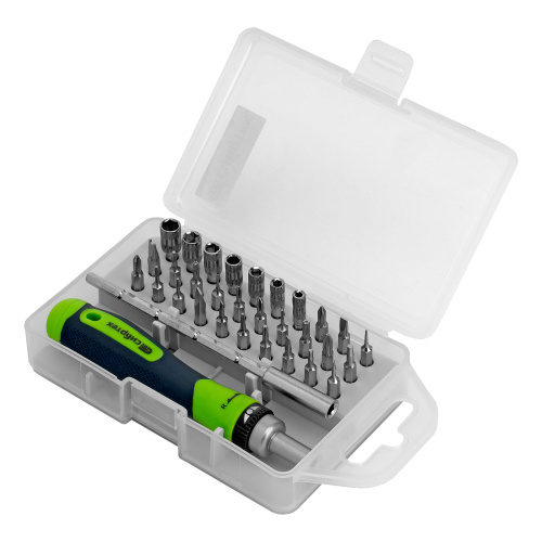 Отвертка реверсивная для точных работ с набором бит и торцевых головок, 32 предмета, CrV Сибртех по ценам производителя в Москве с доставкой по всей России