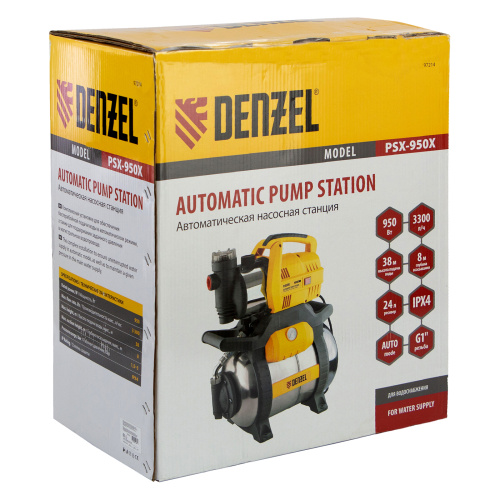Насосная станция PSХ950X, Х-Pro, 950 Вт, 3300 л/ч, ресивер 24 л, подъем 38 м, нержавейка Denzel по ценам производителя в Москве с доставкой по всей России
