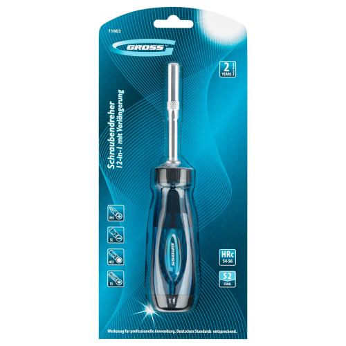 Отвертка реверсивная с удлинителем, трещотка 72 зуба, 12 шт, сталь S2 Gross по ценам производителя в Москве с доставкой по всей России