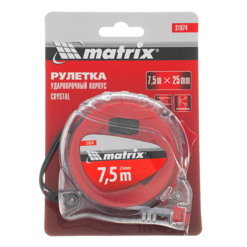 Рулетка Crystal,7,5 м х 25 мм,корпус из поликарбоната Matrix по ценам производителя в Москве с доставкой по всей России
