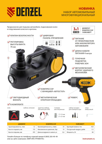 Домкрат электрогидравлический «3 в 1» (1,5 т), 12В, с гайковертом электрическим, в наборе  Denzel по ценам производителя в Москве с доставкой по всей России