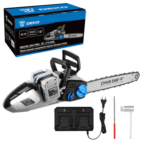 Пила цепная аккумуляторная бесщеточная DEKO DKCHS 40V PRO, 18", 2х20В, 2x5.0Ач, двойное з/у по ценам производителя в Москве с доставкой по всей России