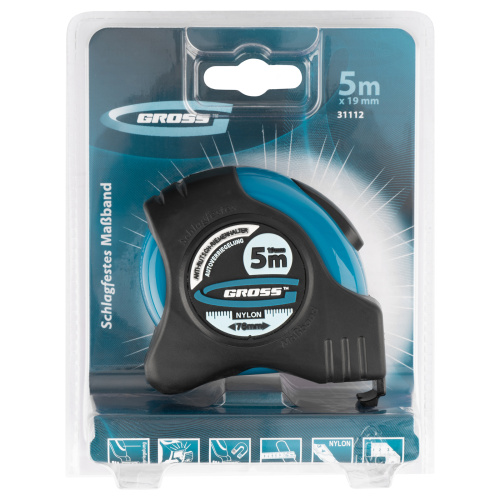 Рулетка "Schlagfest",5 м x 19 мм,магнитный обрезиненный зацеп,двусторонняя шкала,Нейлоновое покрытие,автоматическая фиксация Gross по ценам производителя в Москве с доставкой по всей России