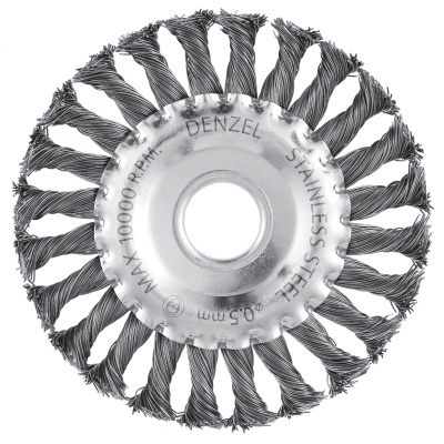Щетка для УШМ, 125 мм, "Плоская", крученая нержавеющая проволока 0.5 мм, посадка 22.2 мм Denzel купить в Москве с доставкой по всей России | ProtosMarket.ru