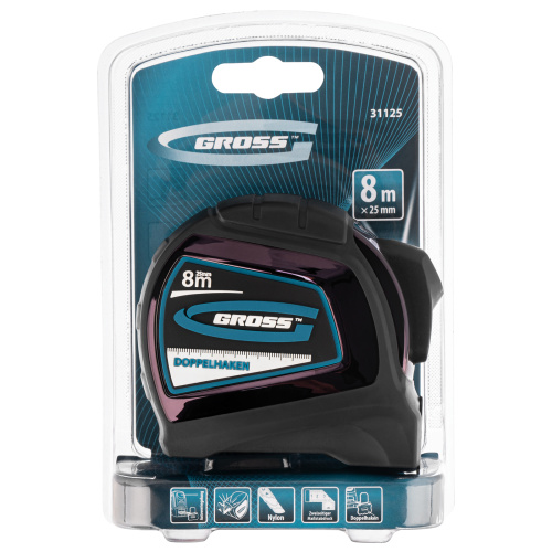 Рулетка "Doppelhaken",8 м x 25 мм,двухсторонний зацеп,Нейлон,двусторонняя шкала,автоматическая фиксация Gross по ценам производителя в Москве с доставкой по всей России