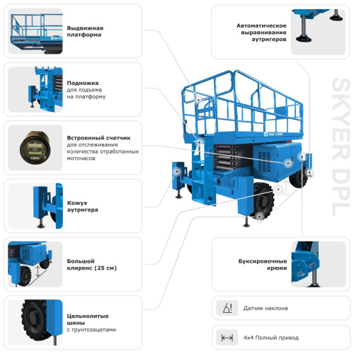 Подъемник самоходный дизельный ножничный с выдвижными платформами SKYER DPL1436 по ценам производителя в Москве с доставкой по всей России