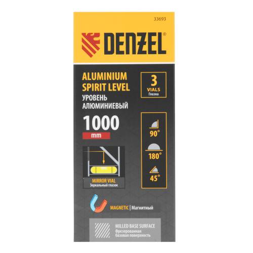 Уровень алюминиевый, магнит, фрезерованный, 3 глазка (1 зеркал.) 0,5 мм/м, 1000 мм Denzel по ценам производителя в Москве с доставкой по всей России