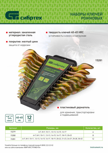 Набор ключей рожковых 6-22 мм, 8 шт, желтый цинк Сибртех по ценам производителя в Москве с доставкой по всей России