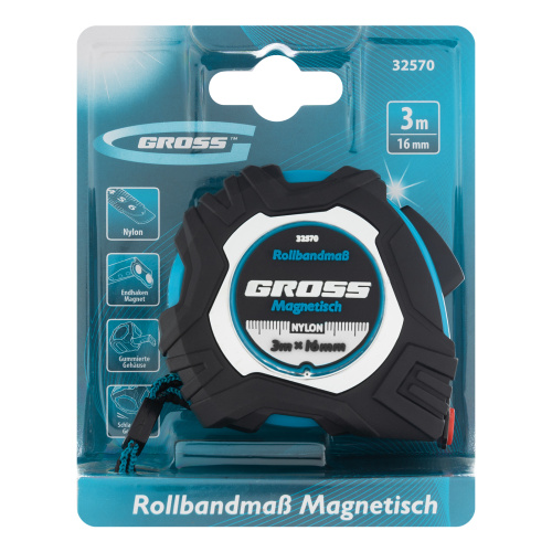 Рулетка Magnetisch 3 м х 16 мм,обрезиненный корпус,автоматическая фиксация,Нейлоновое покрытиеытие,зацеп с магнитом Gross по ценам производителя в Москве с доставкой по всей России