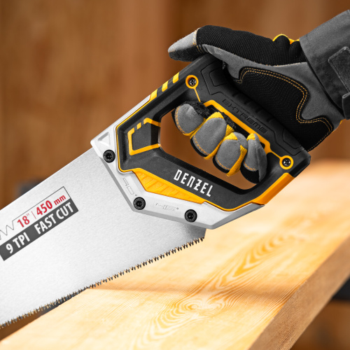 Ножовка по дереву, 450 мм, 9 TPI, зуб 3D, металлопластиковая рукоятка Denzel по ценам производителя в Москве с доставкой по всей России