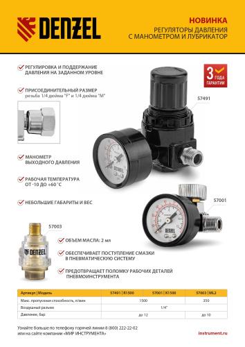 Регулятор давления с манометром для краскораспылителя K1500, 12 бар, 1/4" Denzel по ценам производителя в Москве с доставкой по всей России