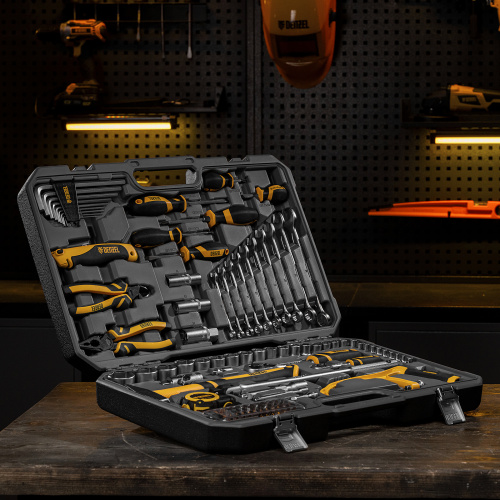 Набор инструментов, 1/2", 1/4", CrV, S2, пластиковый кейс, 100 предметов Denzel по ценам производителя в Москве с доставкой по всей России