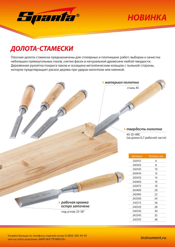 Долото-стамеска 30 мм, деревянная рукоятка Sparta по ценам производителя в Москве с доставкой по всей России