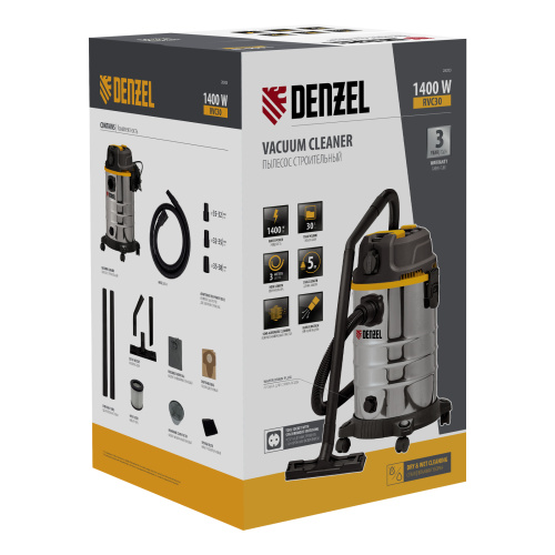 Пылесос строительный RVC30, 1400 Вт, бак 30 л, шланг 3 м, розетка с автосинхр. Denzel по ценам производителя в Москве с доставкой по всей России