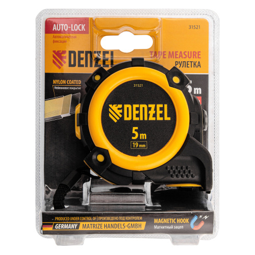 Рулетка 5м х 19мм, автоматич. фиксац., нейлон. покрытие, магнит. зацеп, двухстор. разметка Denzel по ценам производителя в Москве с доставкой по всей России