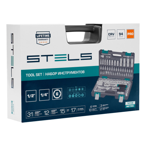 Набор инструментов, 1/2", 1/4", CrV, пластиковый кейс 94 предмета Stels по ценам производителя в Москве с доставкой по всей России