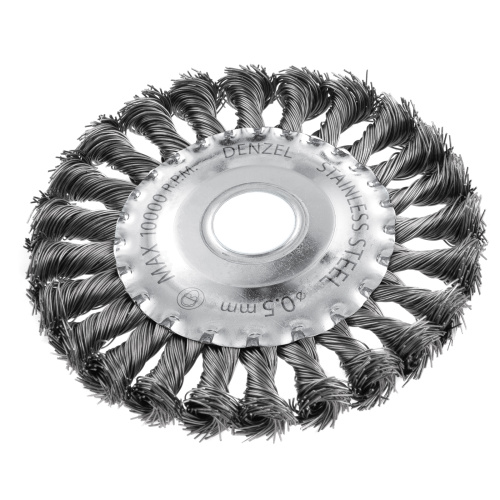 Щетка для УШМ, 125 мм, "Плоская", крученая нержавеющая проволока 0.5 мм, посадка 22.2 мм Denzel по ценам производителя в Москве с доставкой по всей России