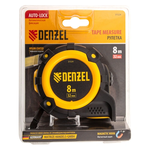 Рулетка 8м х 32мм, автоматич. фиксац., нейлон. покрытие, магнит. зацеп, двухстор. разметка Denzel по ценам производителя в Москве с доставкой по всей России