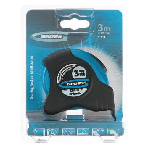 Рулетка "Schlagfest",3 м x 19 мм,магнитный обрезиненный зацеп,двусторонняя шкала,Нейлоновое покрытие,автоматическая фиксация Gross по ценам производителя в Москве с доставкой по всей России