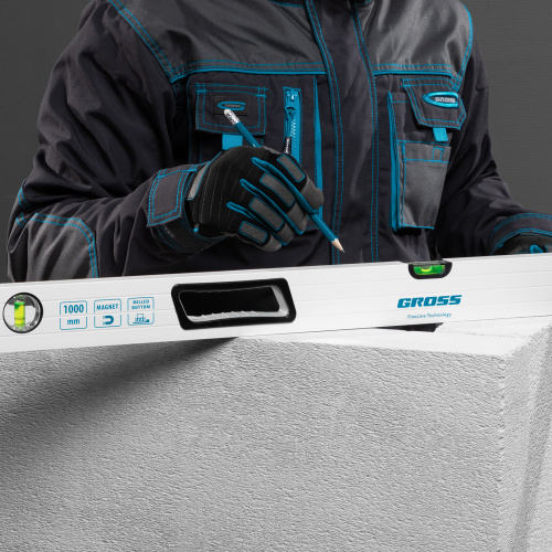 Уровень алюминиевый, 1000 мм, усиленный, рукоятки, фрезерованный, 3 глазка, магнитный Gross по ценам производителя в Москве с доставкой по всей России