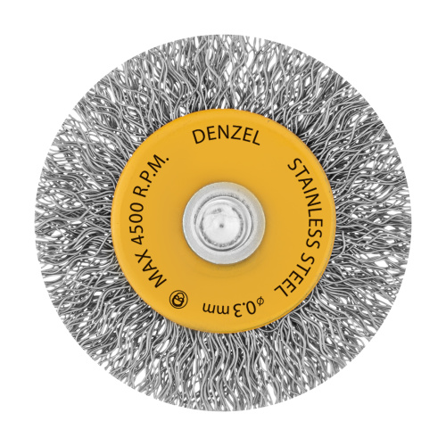 Щетка для дрели, 50 мм, Плоская, со шпилькой, нержавеющая витая проволока Denzel по ценам производителя в Москве с доставкой по всей России