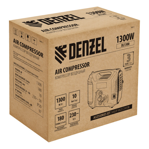 Компрессор воздушный DL1300, 10 бар, 1,3 кВт 180 л/мин 5 л, с набором аксессуаров Denzel по ценам производителя в Москве с доставкой по всей России