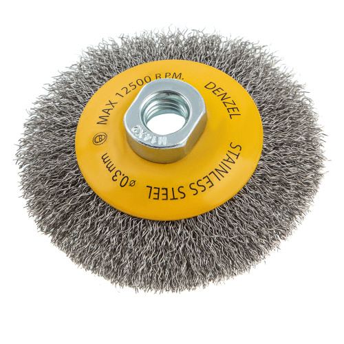 Щетка для УШМ, 100 мм, "Тарелка", витая нержавеющая проволока 0.3 мм, М14 Denzel по ценам производителя в Москве с доставкой по всей России