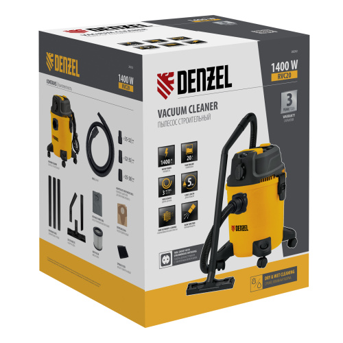 Пылесос строительный RVC20, 1400 Вт, бак 20 л, шланг 3 м, розетка с автосинхр. Denzel по ценам производителя в Москве с доставкой по всей России