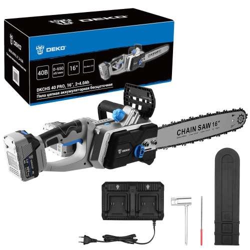 Пила цепная аккумуляторная бесщеточная DEKO DKCHS 40 PRO, 16", 2х20В, 2x4.0Ач, двойное з/у по ценам производителя в Москве с доставкой по всей России
