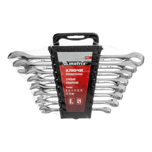 Набор ключей комбинированных, 8-19 мм, 8 шт, CrV, полированный хром Matrix по ценам производителя в Москве с доставкой по всей России
