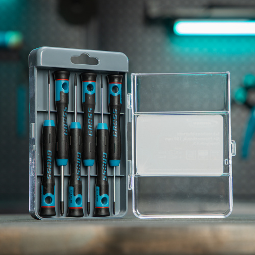 Набор отверток для точной механики, CrMo, двухкомпонентные рукоятки, 6 шт, пластиковый бокс Gross по ценам производителя в Москве с доставкой по всей России
