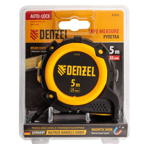 Рулетка 5м х 25мм, автоматич. фиксац., нейлон. покрытие, магнит. зацеп, двухстор. разметка Denzel по ценам производителя в Москве с доставкой по всей России
