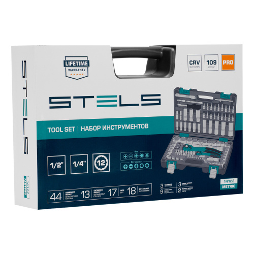 Набор инструментов 1/2", 1/4", CrV, 12 гранные головки, пластиковый кейс, 109 предмета Stels по ценам производителя в Москве с доставкой по всей России