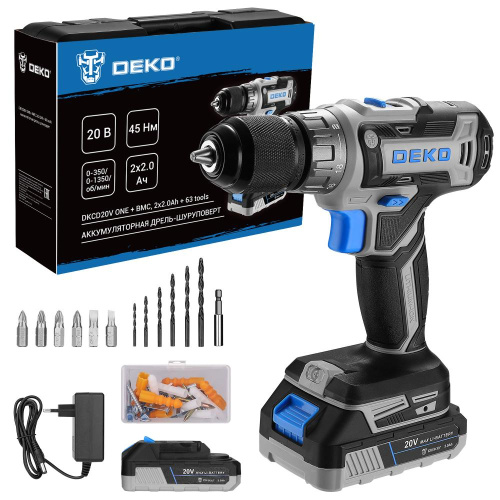 Аккумуляторная дрель-шуруповерт DEKO DKCD20V ONE + в кейсе + набор 63 инструмента для дома, 20В, 2x2 по ценам производителя в Москве с доставкой по всей России