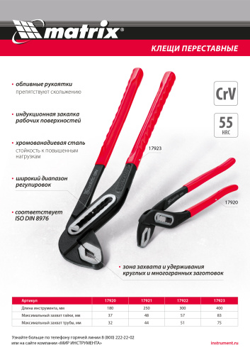 Клещи переставные 250 мм, хром-ванадий, обливные рукоятки Matrix по ценам производителя в Москве с доставкой по всей России