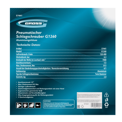 Гайковерт пневматический ударный G1260,1/2, Twin Hammer, 813Нм, 7000 об/мин Gross по ценам производителя в Москве с доставкой по всей России